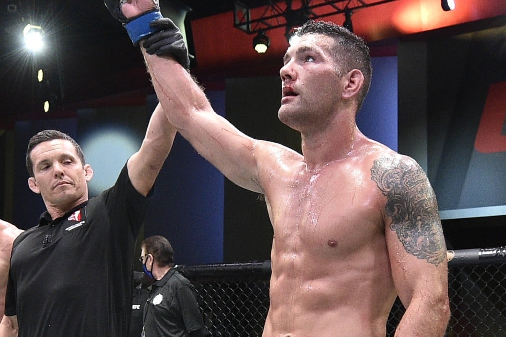 Chris Weidman celebrates after his victory over Omari Akhmedov in their middleweight bout during the UFC Fight Night event on August 8, 2020 in Las Vegas, Nevada. Photo: Chris Unger/Zuffa LLC