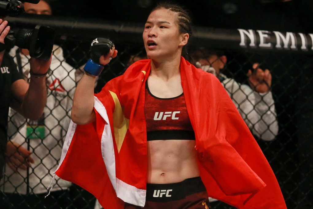 Zhang Weili celebrates after defeating Jessica Andrade in Shenzhen. Photo: AFP