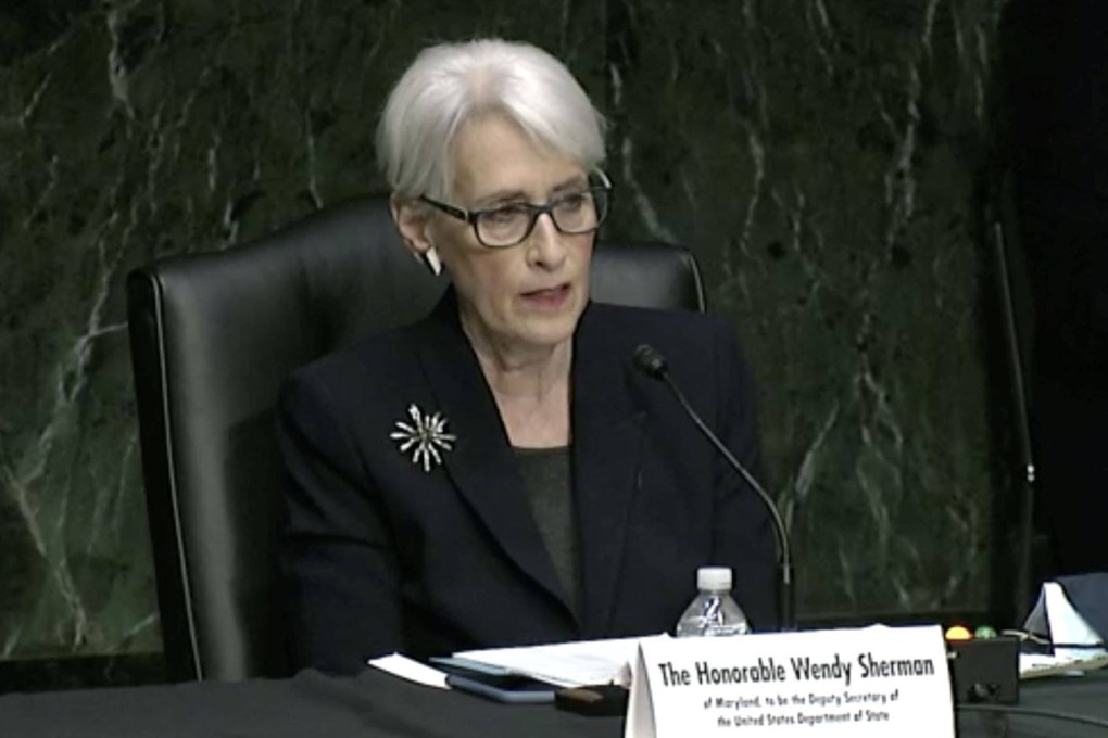 A screenshot of Wendy Sherman during her Senate confirmation hearing for deputy US secretary of state on March 3, 2021.