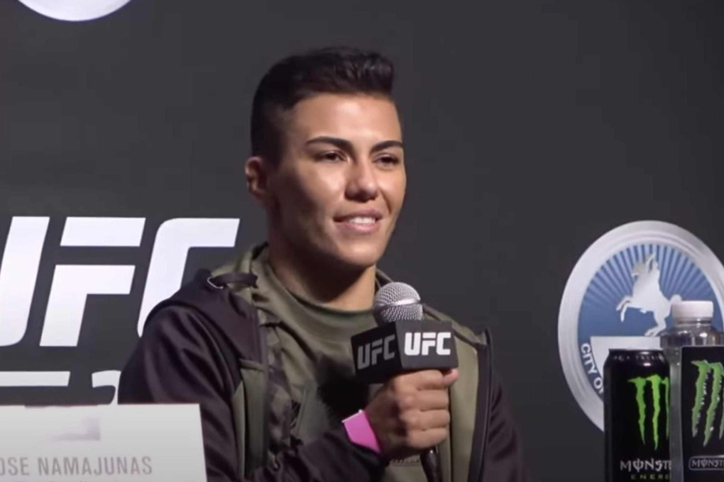 Jessica Andrade speaks to the media at the UFC 261 press conference in Jacksonville, Florida. Photo: Drake Riggs
