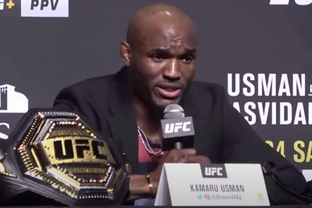Kamaru Usman speaks to the media at the UFC 261 press conference in Jacksonville, Florida. Photo: Drake Riggs
