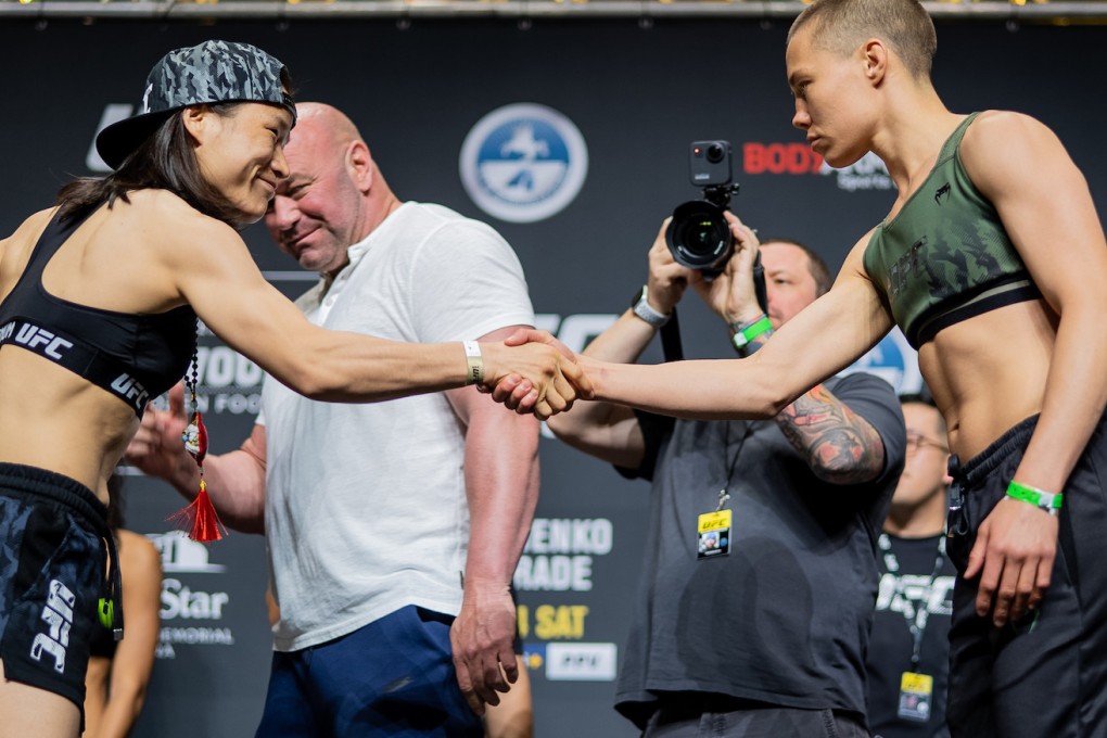 Zhang Weili and Rose Namajunas shake hands at the UFC 261 weigh-in. Photo: Zuffa LLC