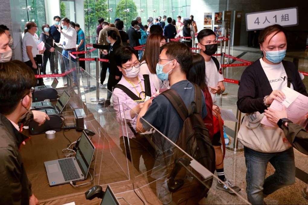 People queue up to buy Regency Bay II units at the developer’s sales office at the ICC in Kowloon on April 24, 2021. Photo: Xiaomei Chen
