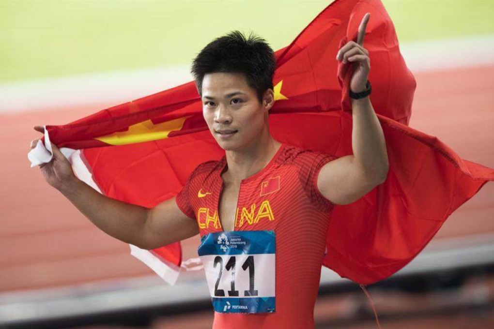 Chinese sprinter Su Bingtian after winning the 100 metres at the 2018 Asian Games. Photo: Handout
