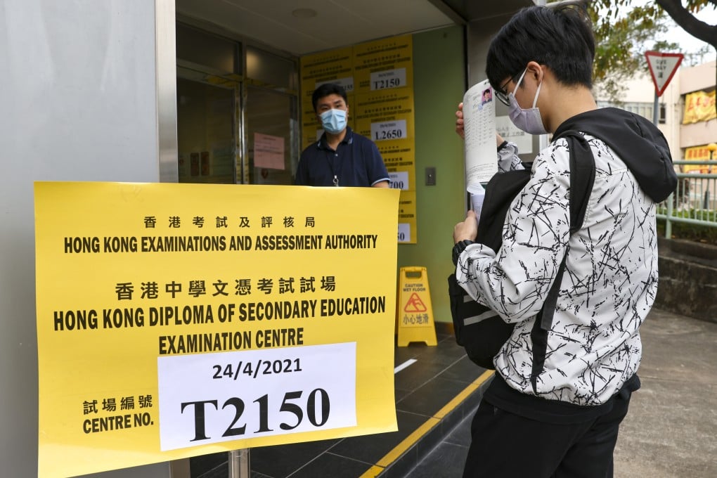 Pupils waiting to sit their DSE exams queue outside the assessment centre in Lai King. Photo: Dickson Lee