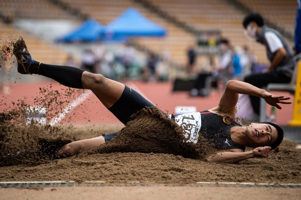 Chan Ming-tai wins the long jump in the Athletics Series 2 at Siu Sai Wan Sports Ground. Photo: HKAAA