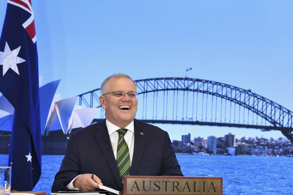 Australian Prime Minister Scott Morrison attends the virtual Quad summit in Sydney on March 13. Australian politicians refer to “shared values” to justify its alliance-driven foreign policy. Photo: AP