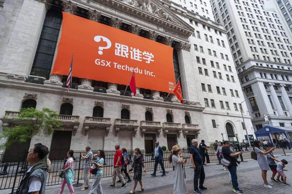 The New York Stock Exchange is decorated for the first day of trading for GSX Techedu on June 6, 2019.