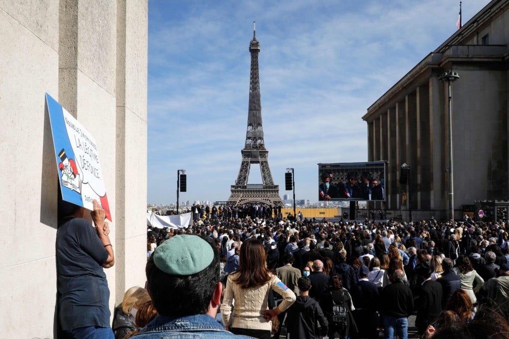 People gather to demand justice for Sarah Halimi at Trocadero plaza in front of the Eiffel Tower in Paris on Sunday. Photo: AFP