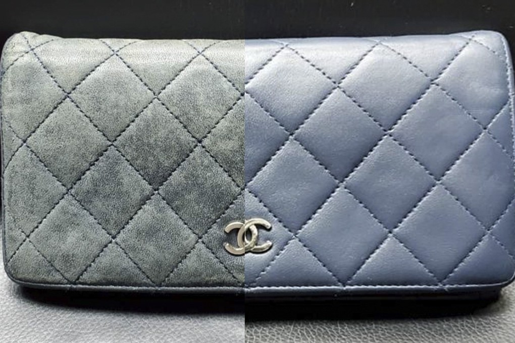 A Chanel leather wallet before and after being repaired by Dennis Ng.