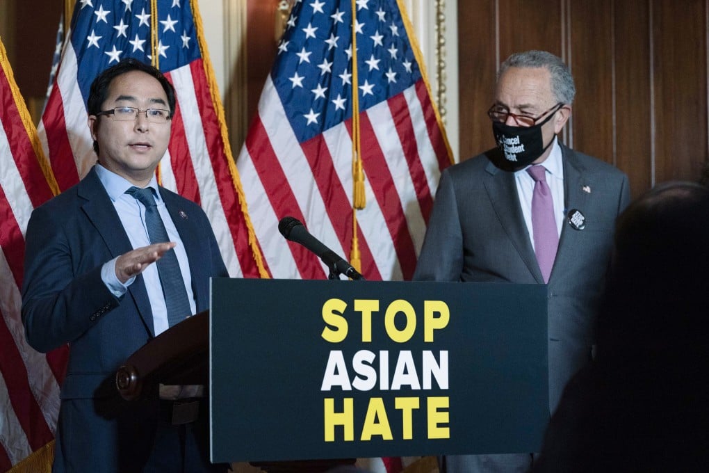 Andy Kim, left, and Chuck Schumer at a news conference on Capitol Hill, Washington DC on Tuesday. Photo: AP