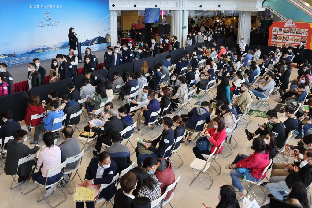 Buyers lining up at the sales office of CK Asset’s Sea To Sky project in Lohas Park at the developer’s sales office at the Metropolis in Hung Hom on March 6, 2021. Photo: Dickson Lee