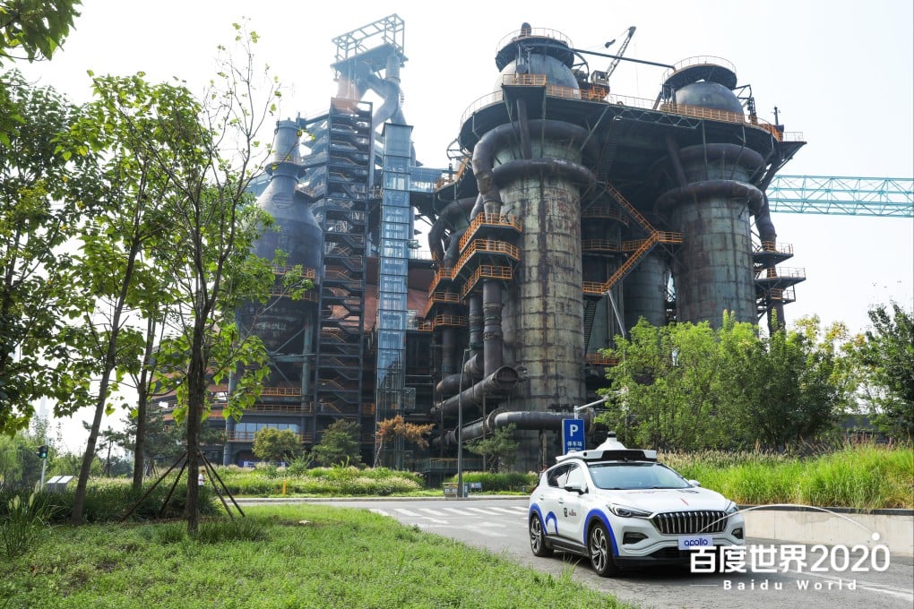 Baidu’s Apollo robotaxi, developed using a Hongqi electric vehicle, in Beijing’s Shougang Park. Baidu will be the first to charge for a robotaxi service in China in May. Photo: EPA-EFE