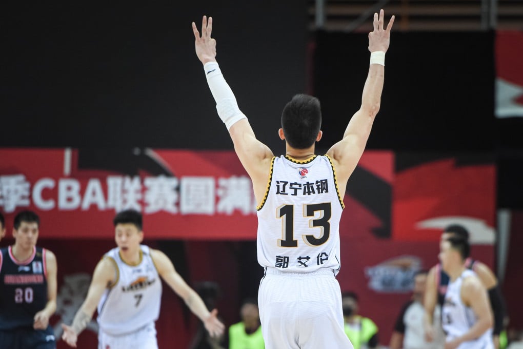 Guo Ailun of the Liaoning Flying Leopards celebrates a three-point shot during game two of the CBA Finals against the Guangdong Southern Tigers. Photo: Xinhua