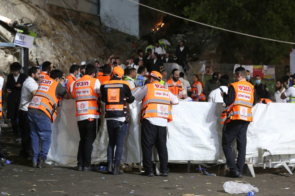Emergency workers at the scene in Meron, Israel. Photo: AFP