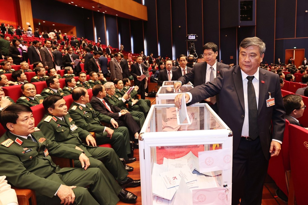 Delegates cast their votes during the 13th National Congress of Vietnam’s Communist Party in Hanoi on January 30. The military has gained more influence in the country’s political system. Photo: EPA-EFE