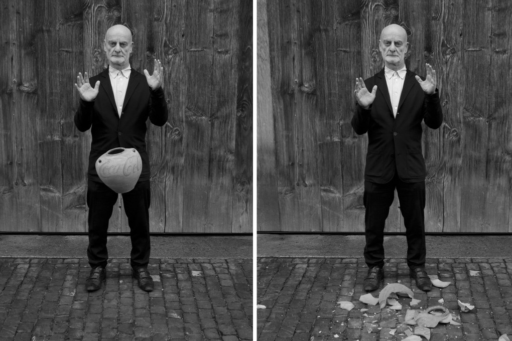 “Fragments of History” (2012) by Manuel Salvisberg, a triptych showing Uli Sigg dropping an antique urn that Ai Weiwei had painted over with the Coca Cola logo. Photo: M+ Sigg Collection, Hong Kong/Manuel Salvisberg