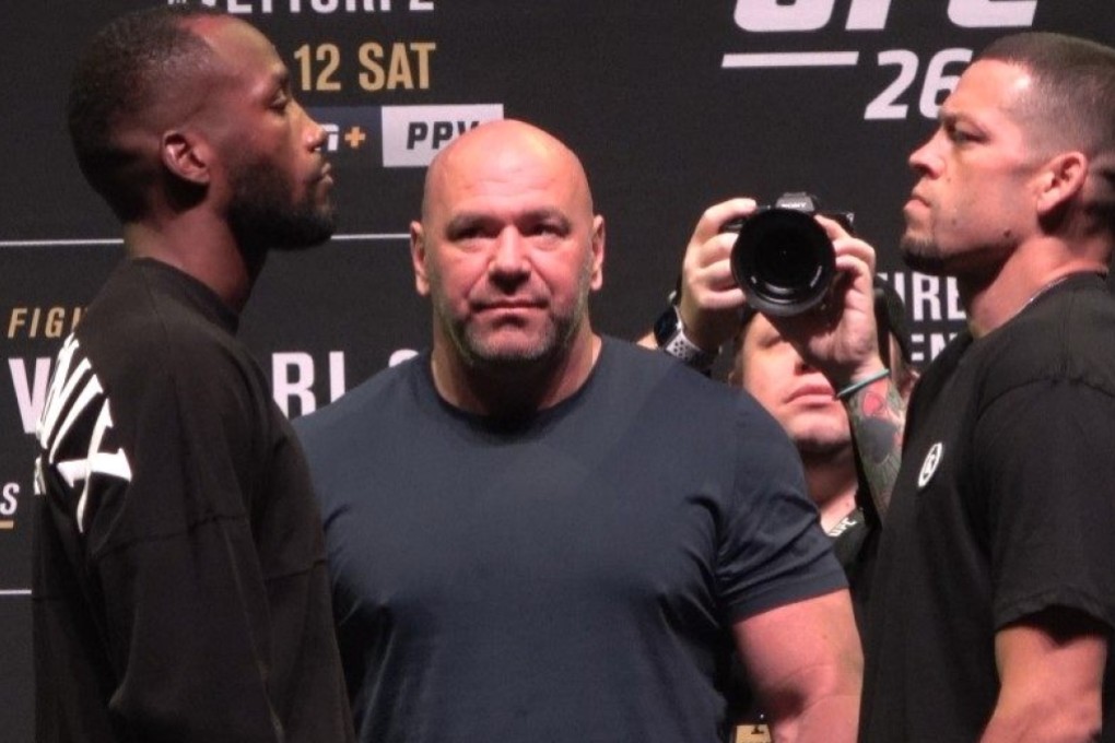 Leon Edwards (left) and Nate Diaz stare each other down at the UFC 263 press conference. Photos: Drake Riggs