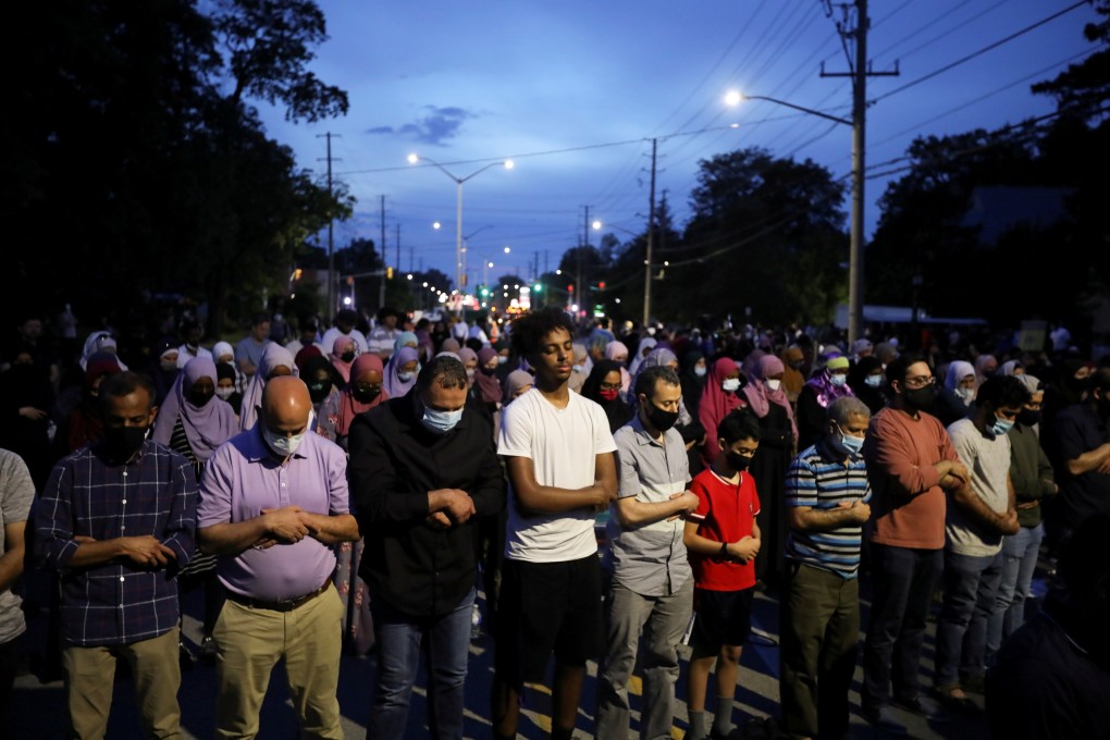 A vigil held after four members of a Muslim family were killed in what police describe as a hate-motivated attack at a mosque in London, Ontario, Canada on June 8. Photo: Reuters