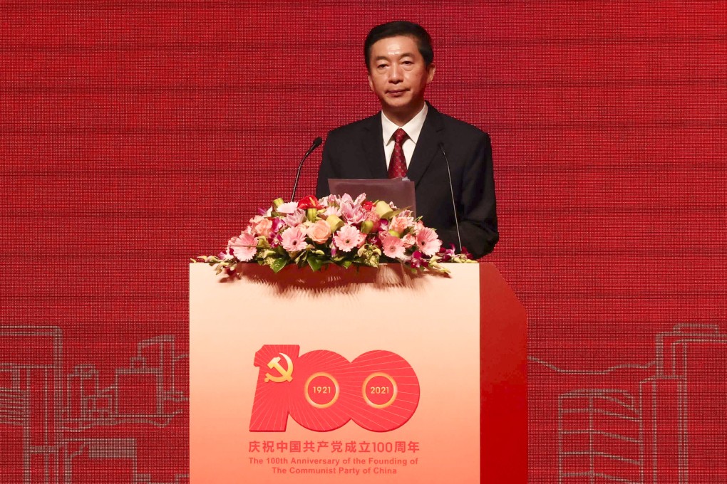 Luo Huining, director of the central government’s liaison office in Hong Kong, delivers a speech at Saturday’s forum. Photo: Nora Tam