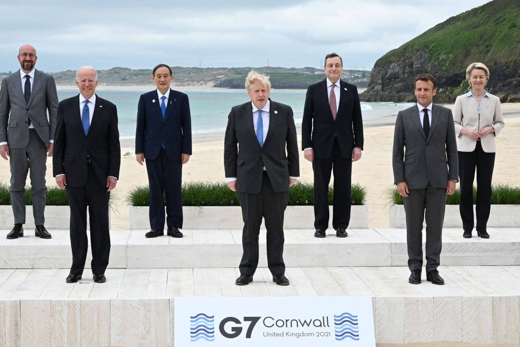Leaders pose at the start of the G7 summit in Carbis Bay, Cornwall on Friday. Photo: AFP