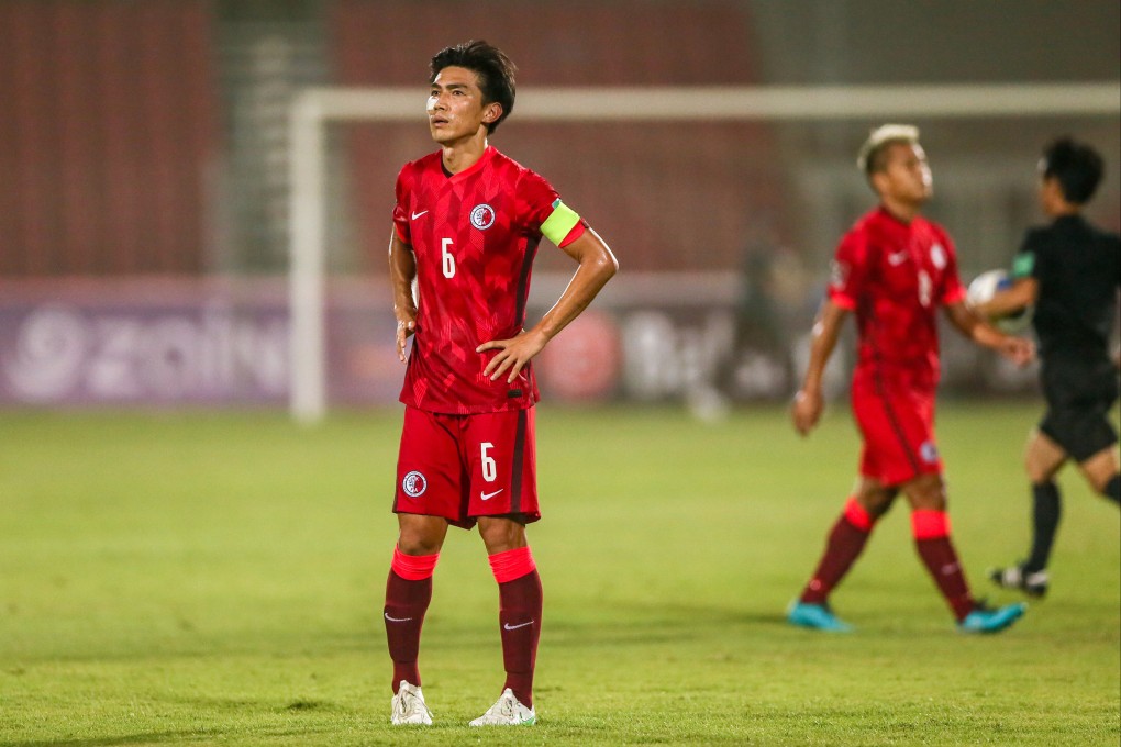 Hong Kong captain Huang Yang looks dejected after his side’s 1-0 defeat to Iraq in their Fifa World Cup Qatar 2022 qualifying campaing meeting in Bahrain. Photo: HKFA