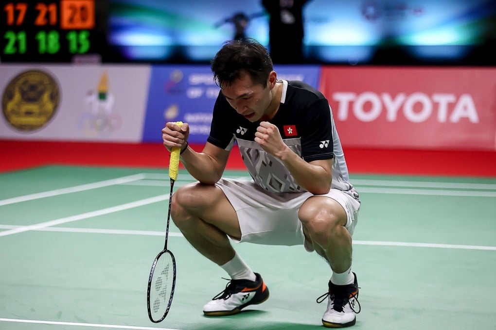 Hong Kong’s Angus Ng Ka-long celebrates reaching the 2021 Thailand Open final in Bangkok. Photo: AFP/Badminton Association of Thailand