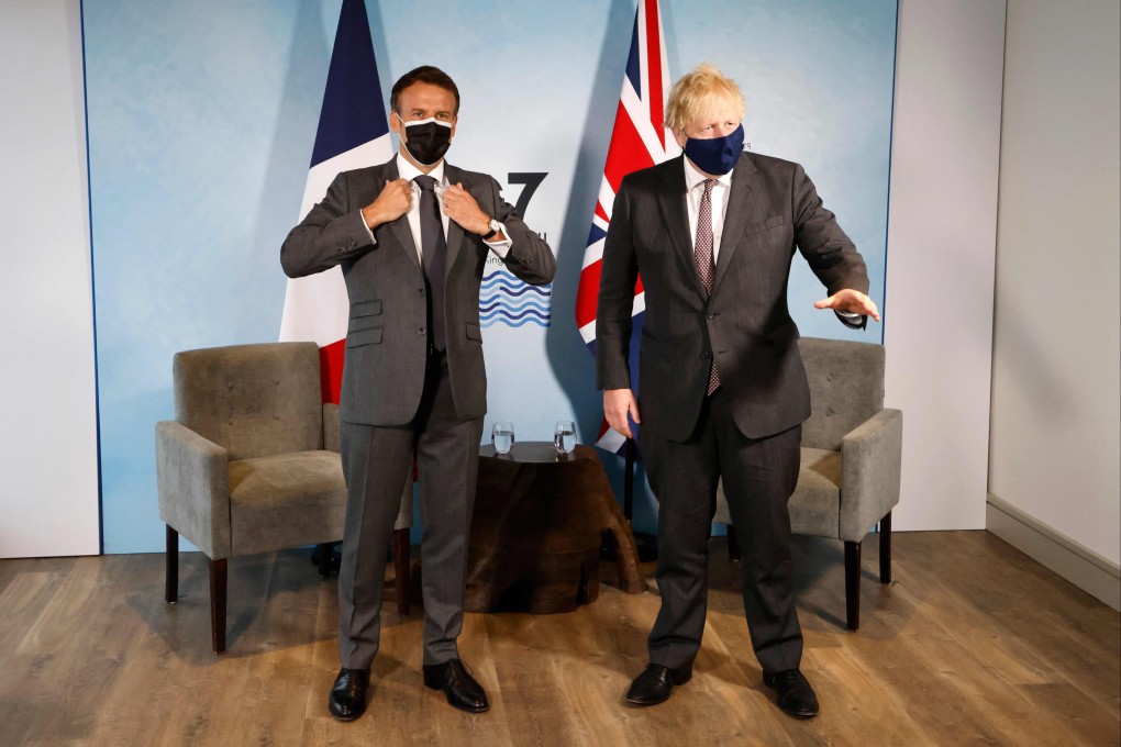 Britain’s Prime Minister Boris Johnson and France’s President Emmanuel Macron at the G7 summit in Carbis bay, Cornwall, UK on Saturday. Photo: AFP