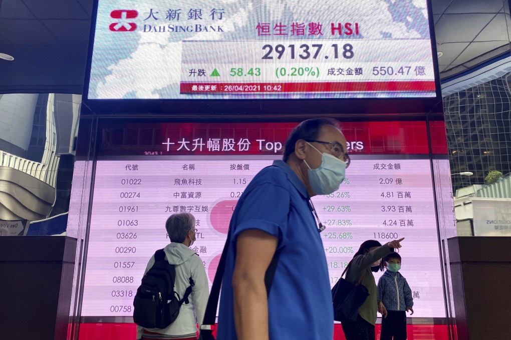 A bank’s electronic board showing Hang Seng Index prices. Photo: AP
