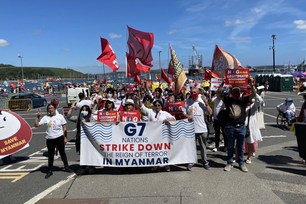 Protesters rally in Falmouth, Cornwall, Britain to call for the end of the military coup in Myanmar, in conjunction with the G7 summit. Photo: DPA