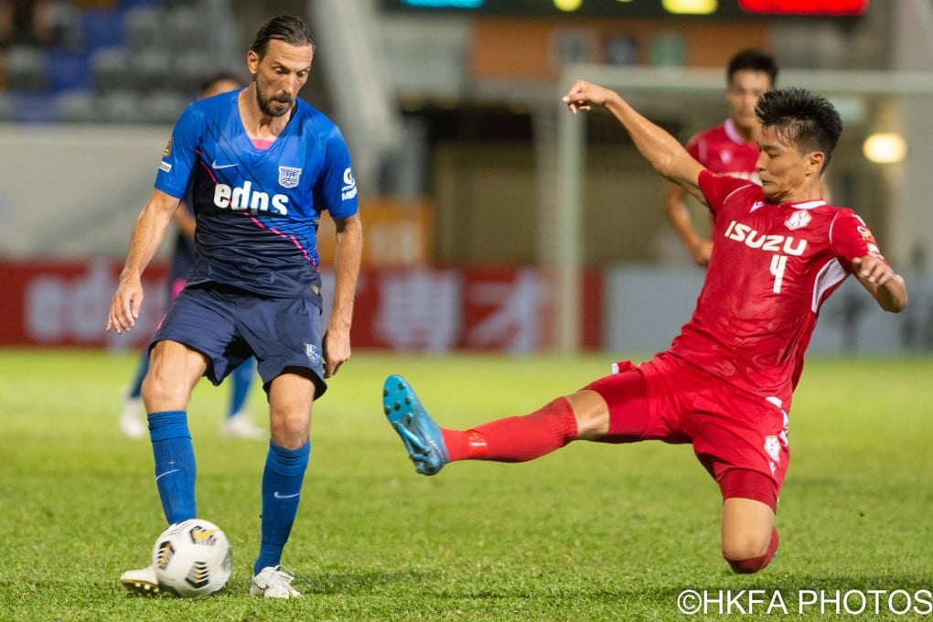 Dejan Damjanovic tries to escape the attentions of Southern’s Kota Kawase in the final game of the 2020-21 Hong Kong Premier League regular season. Photo: HKFA