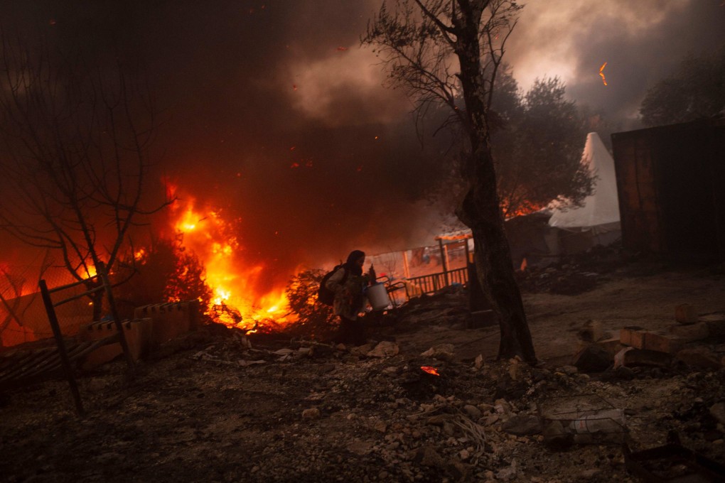 The Moria Camp on the Greek island of Lesbos after a fire broke out in September 2020. Photo: AFP