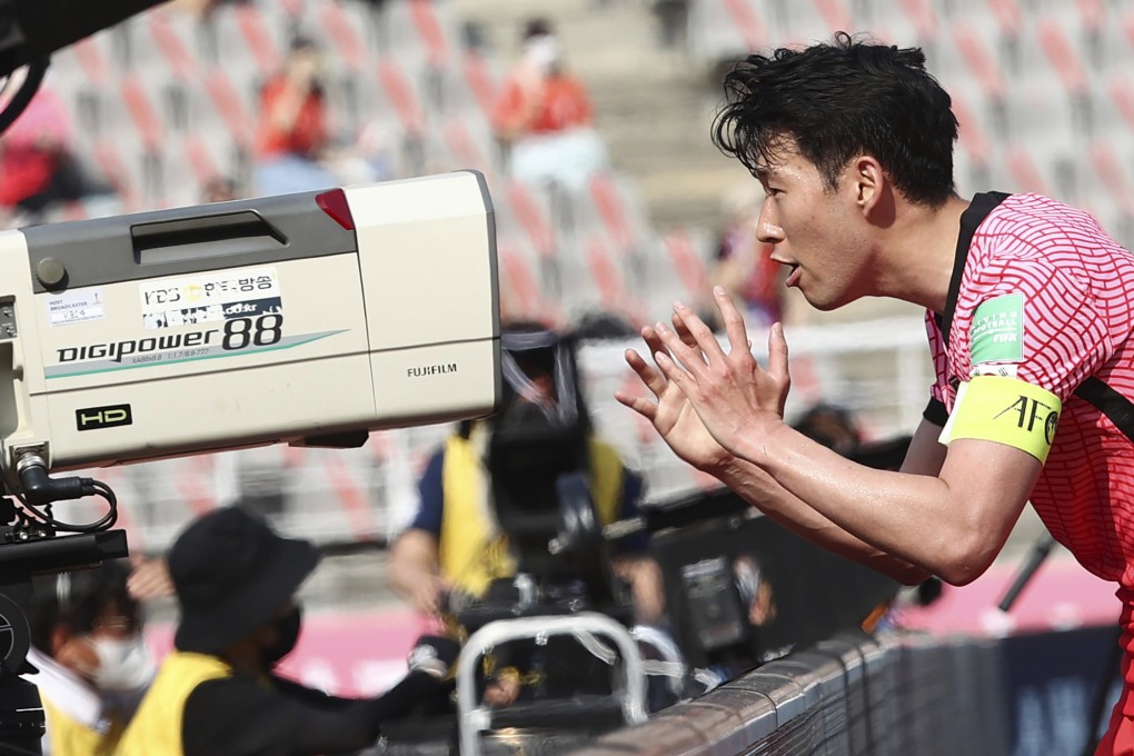 South Korea’s Son Heung-min sends a mesage to former teammate Christian Eriksen after scoring against Lebanon. Photo: AP