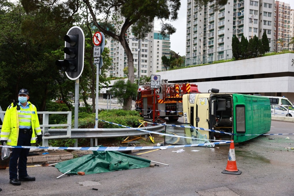 The minibus flipped on its side after being hit. Photo: May Tse