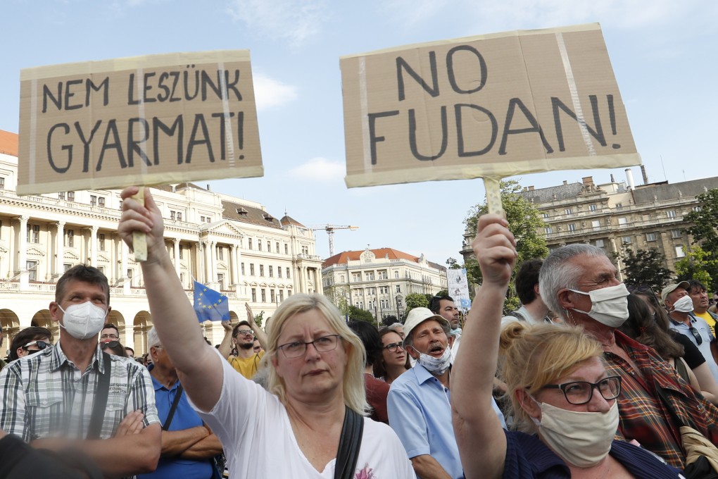 Thousands of protesters marched in Budapest on June 5 to oppose the planned satellite campus for China’s Fudan University. Photo: AP