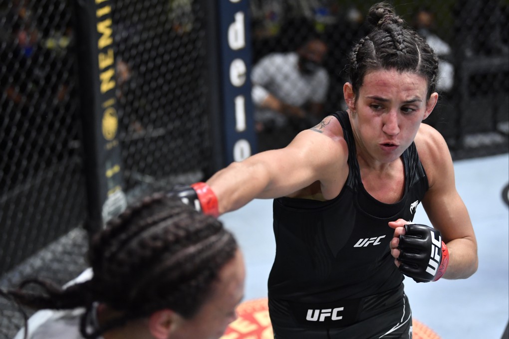 Marina Rodriguez punches Michelle Waterson in their flyweight fight at the UFC Apex in Las Vegas, Nevada. Photo: Chris Unger/Zuffa LLC