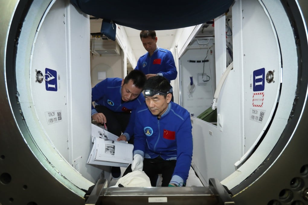 China’s three-man crew during training before the launch of the Shenzhou-12 space mission. Photo: Xinhua