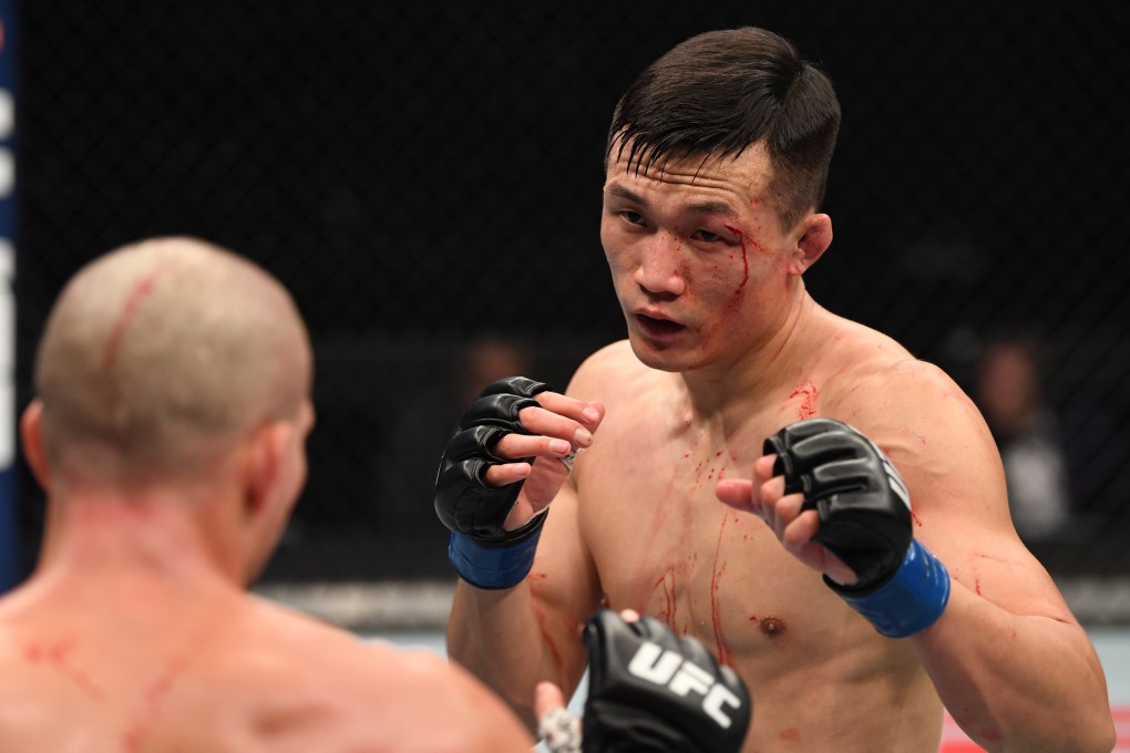 ‘The Korean Zombie’ Jung Chan-sung battles Brian Ortega in their featherweight bout on UFC Fight Island. Photo: Josh Hedges/Zuffa LLC via Getty Images