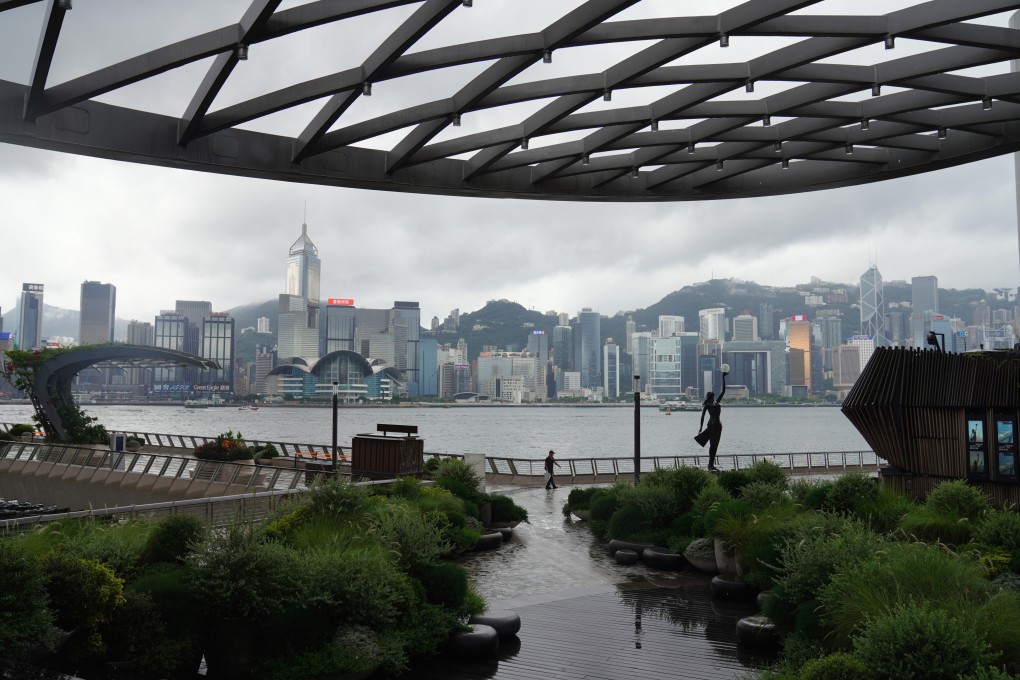 A view of the Avenue of Stars on the Tsim Sha Tsui promenade and the Hong Kong Island skyline across Victoria Harbour, as a rainstorm approaches on September 15, 2020. Photo: Sam Tsang