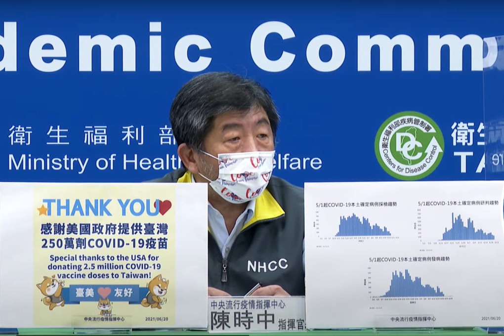 Taiwanese Health Minister Chen Shih-chung displays a placard thanking the US for the donation. Photo: Handout