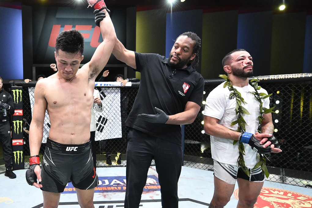 ‘The Korean Zombie’ Jung Chan-sung reacts after his victory over Dan Ige at UFC Vegas 29. Photos: Chris Unger/Zuffa LLC