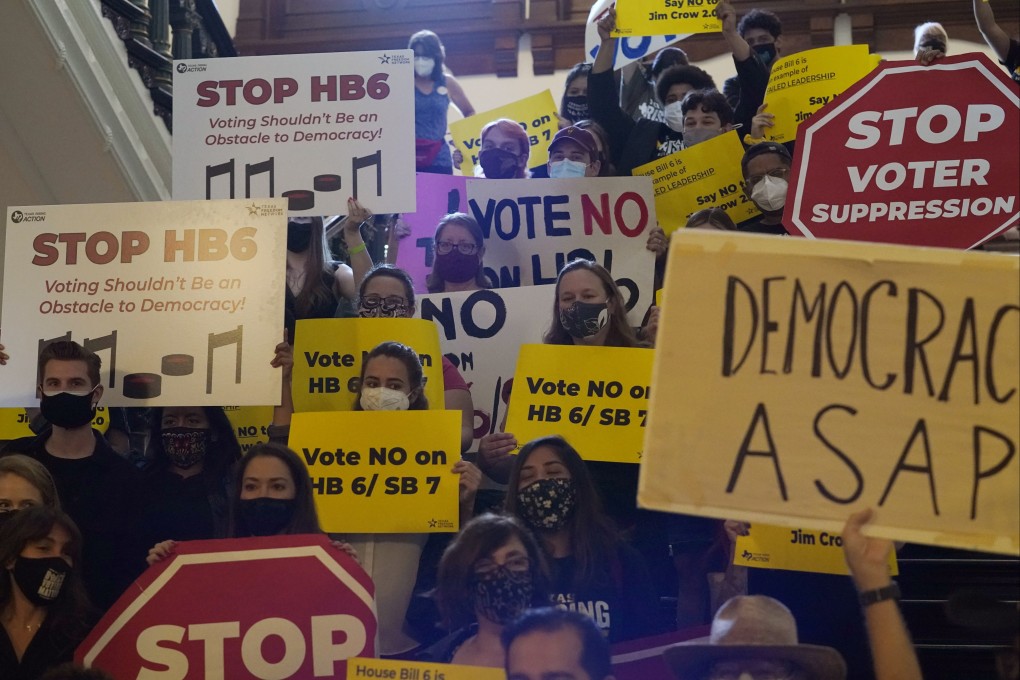 Protesters opposing new voter legislation gather outside the House Chamber at the Texas Capitol in Austin, Texas, on May 6. Texas Republicans have passed some of the most restrictive new voting laws in the US, finalising a sweeping bill that would eliminate drive-through voting, reduce polling hours and scale back Sunday voting, when many Black churchgoers head to the polls. Photo: AP