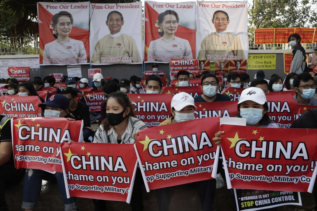 Demonstrators outside the Chinese embassy in Yangon, Myanmar, call for the release of detained civilian leader Aung San Suu Kyi and protest against China’s silence over the February 1 military coup. Photo: EPA