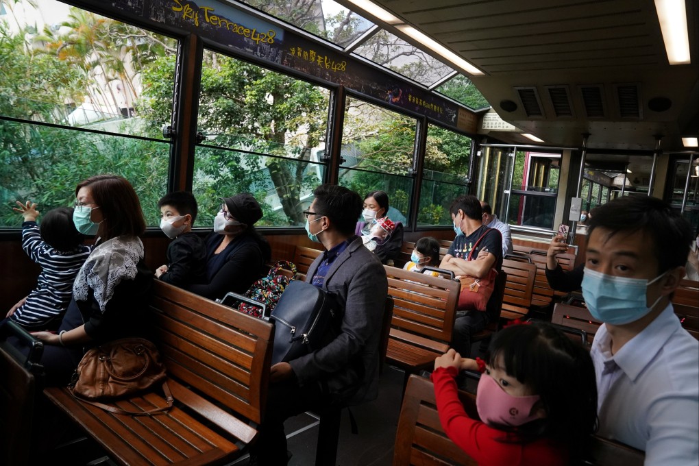 Visitors wearing masks take in the views from the Hong Kong Peak Tram in November 2020. Photo: Reuters