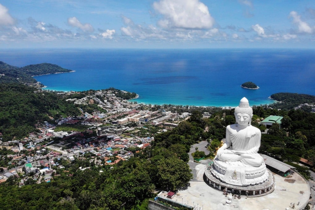 An aerial view of the Big Buddha and Kata Beach in Phuket on June 30, before the island reopens to vaccinated visitors. Photo: AFP