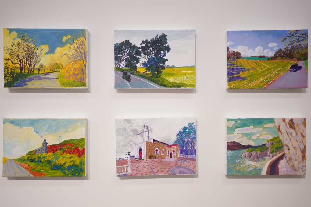A selection of paintings from “A Grand Tour in Google Earth”, an exhibition by Hong Kong artist Stephen Wong at Gallery Exit in Tin Wan, Aberdeen. Photo: Winson Wong