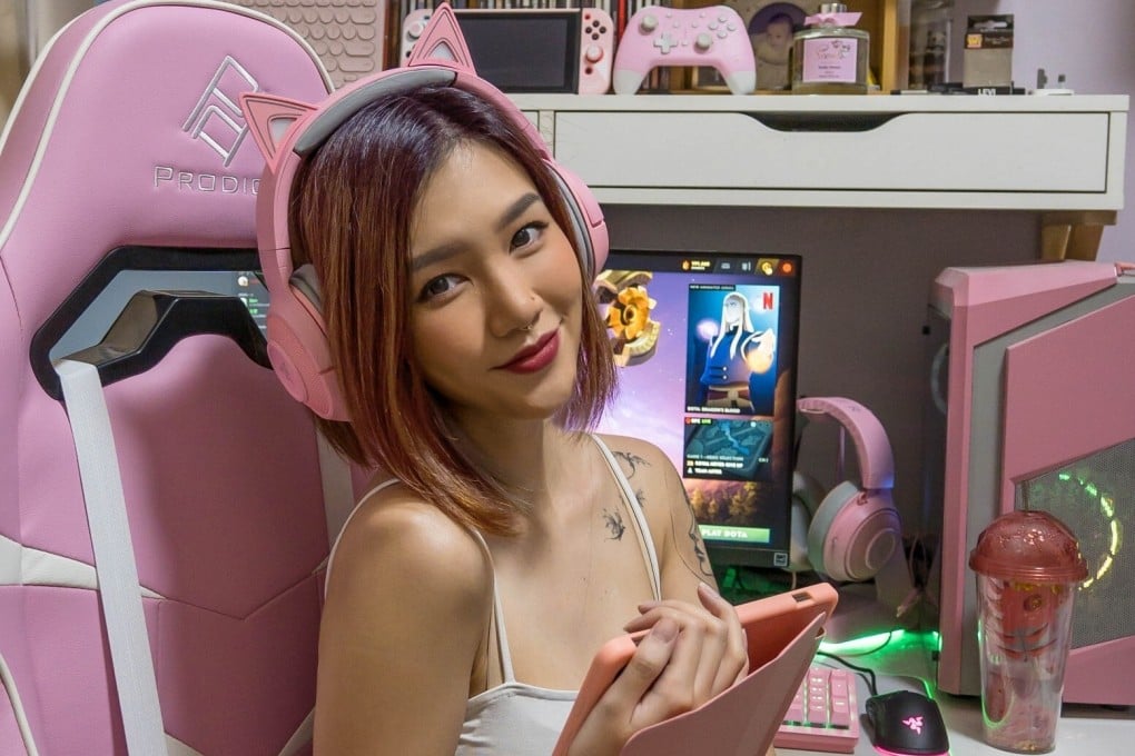 Live-streamer Shu Faye Wong and her all-pink gaming setup. Photo: Handout
