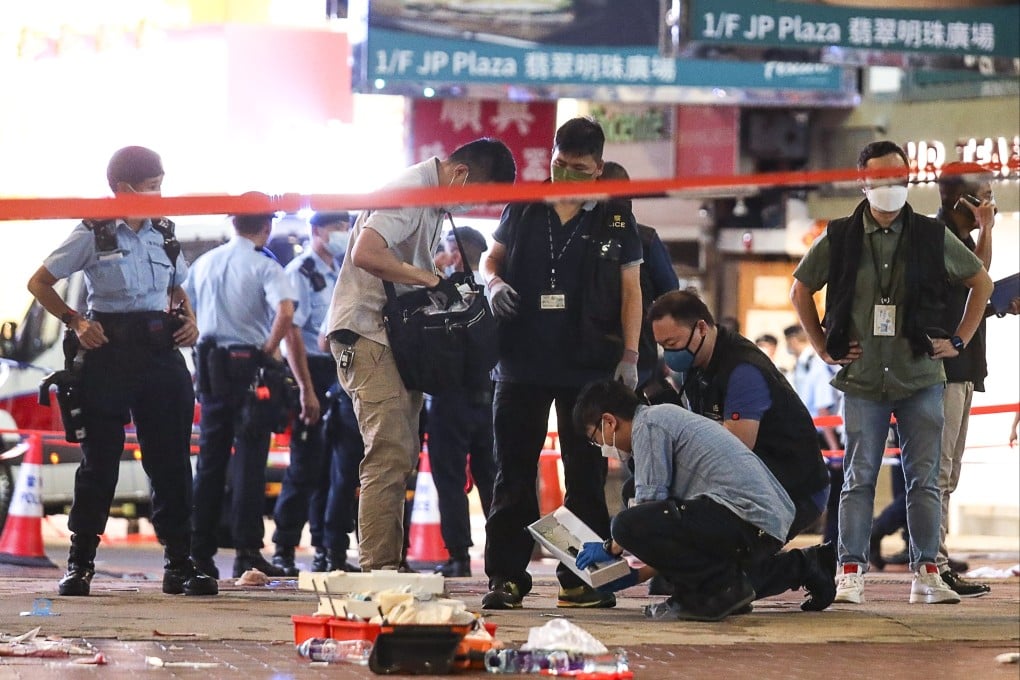 The crime scene in Causeway Bay where a man stabbed a police officer in the back and then fatally knifed himself at about 10pm on July 1, the 24th anniversary of Hong Kong’s return to Chinese sovereignty. Photo: Xiaomei Chen
