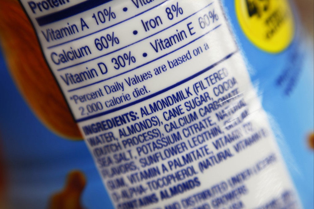 The ingredients label for almond milk at a grocery store in New York on February 16, 2017. Photo: AP