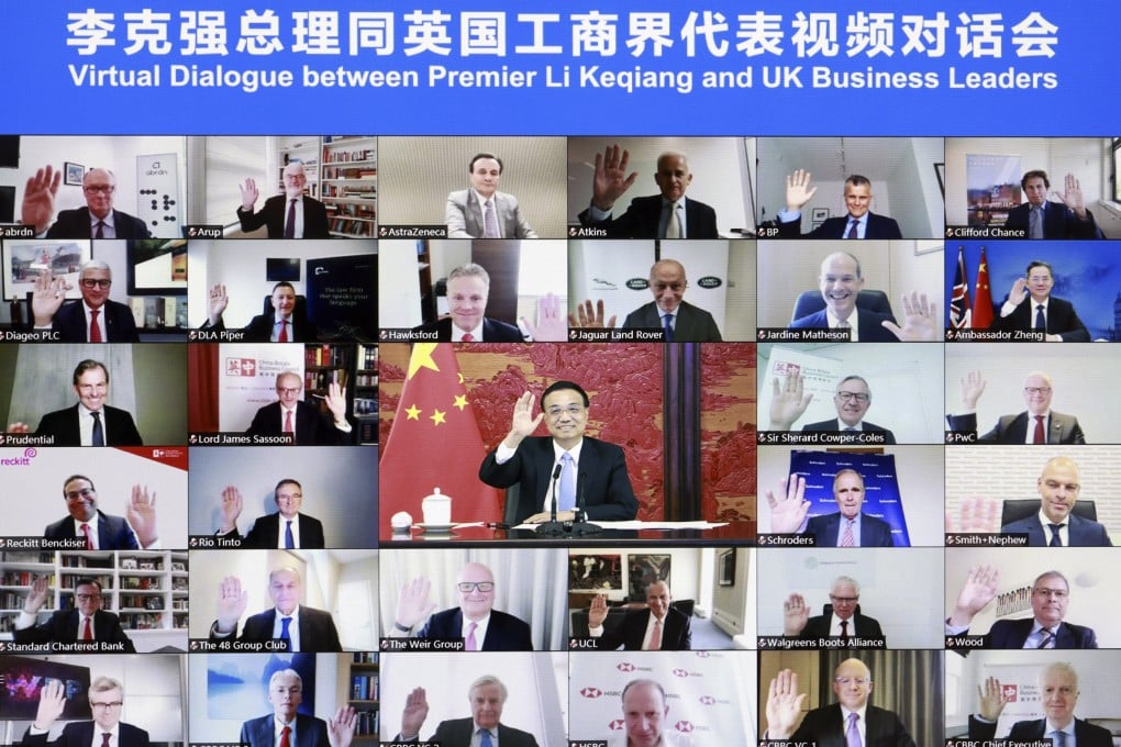 Chinese Premier Li Keqiang holds a virtual dialogue from Beijing with British business leaders on July 6. Policymakers should continue to involve industry experts in discussions over where to draw the lines in bilateral engagement. Photo: Xinhua